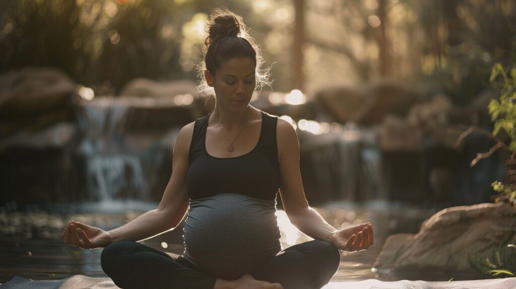 Frau praktiziert Yin Yoga während der Schwangerschaft in entspannender Umgebung zur Förderung der Gesundheit