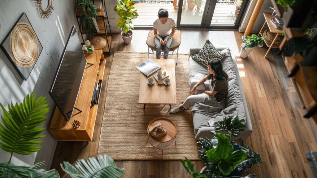 Feng-Shui-Partnerschaft symbolisiert durch zwei harmonisch angeordnete Steine und sanfte Wellen im Hintergrund