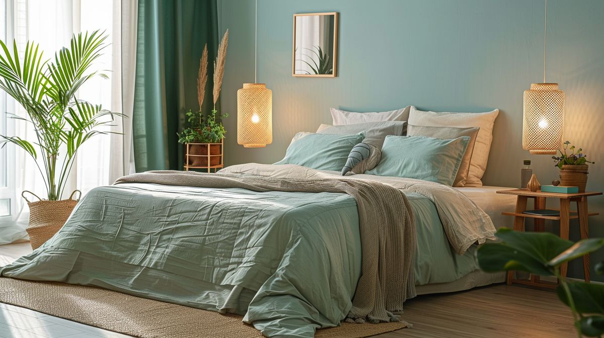 Feng-Shui-Schlafzimmer-Farben in harmonischer Anordnung zur Förderung der Entspannung und des Wohlbefindens