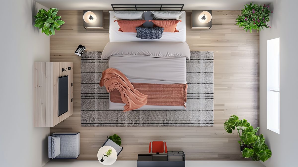 Feng-Shui-Schlafzimmer-Grundriss mit harmonischer Einrichtung und beruhigenden Farben