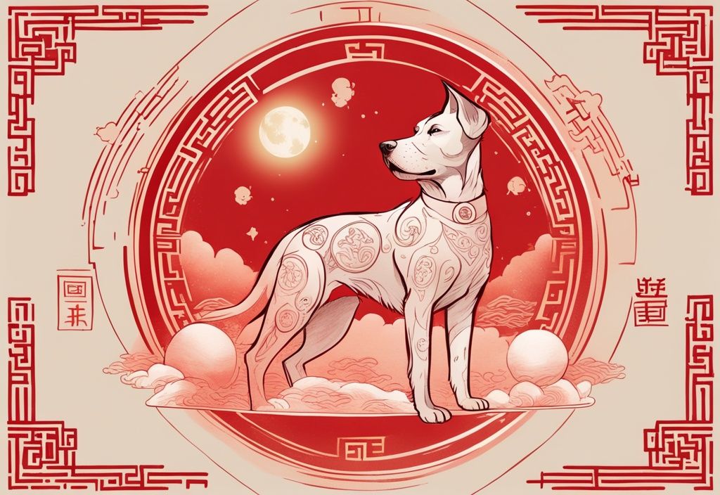 Moderne Skizzenillustration eines majestätischen Hundes im Mondschein, umgeben von alten chinesischen Symbolen und Elementen des chinesischen Sternzeichens Hund, Hauptfarbe Rot.