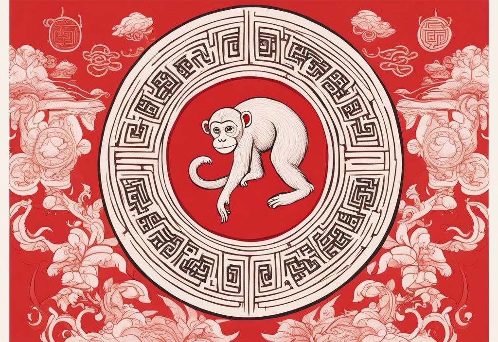 Moderne Skizzenillustration eines verspielten Affen im traditionellen chinesischen Kunststil, der ein verziertes, rundes Emblem des chinesischen Sternzeichens erkundet, vor einem lebhaften roten Hintergrund.