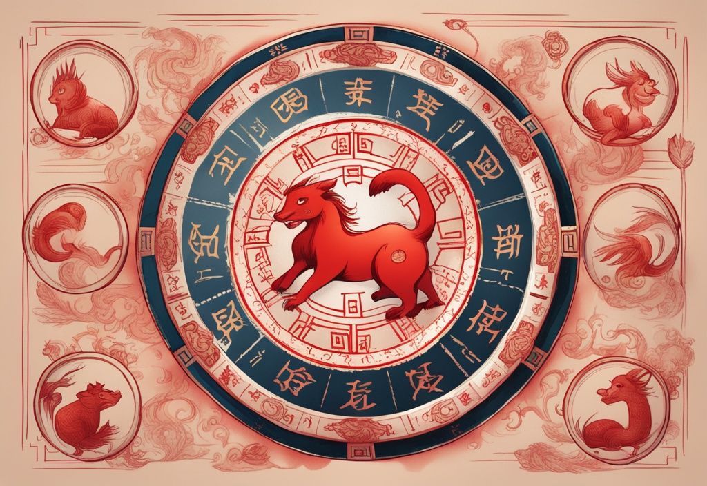 Moderne Skizze mit rotem Farbschema, chinesisches Tierkreisrad mit zwölf Tieren der chinesischen Astrologie, umgeben von kunstvollen chinesischen Mustern.