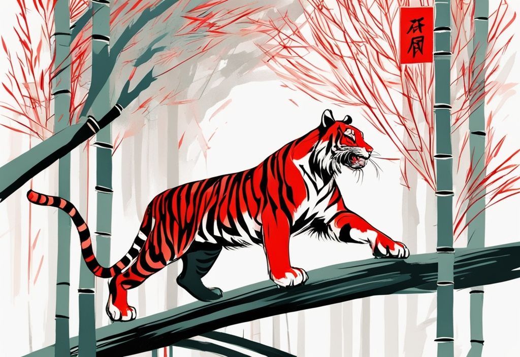 Moderne Skizzenillustration eines kraftvollen Tigers, der auf einem dünnen Ast im dichten Bambuswald balanciert, mit dem chinesischen Sternzeichen Tiger, das leuchtend über seinem Kopf schwebt.