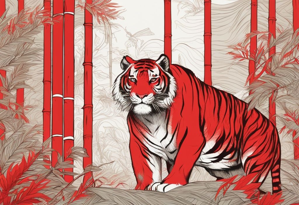 Moderne Skizzenillustration eines mächtigen Tigers, der auf einem dünnen Ast im dichten Bambuswald balanciert, mit dem chinesischen Sternzeichen Tiger, das über seinem Kopf leuchtet.