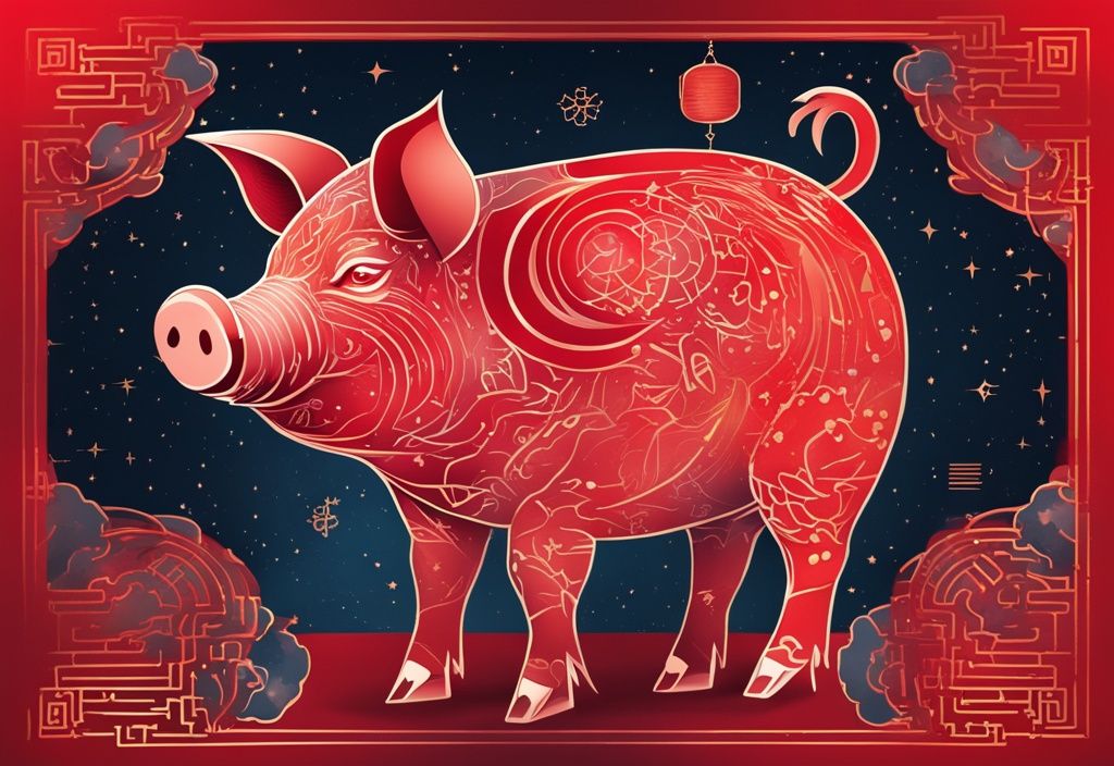 Moderne Skizzenillustration mit rotem Farbschema, chinesisches Sternzeichen Schwein in traditionellen chinesischen Mustern vor einem Sternbild-Hintergrund, magisches kosmisches Thema.