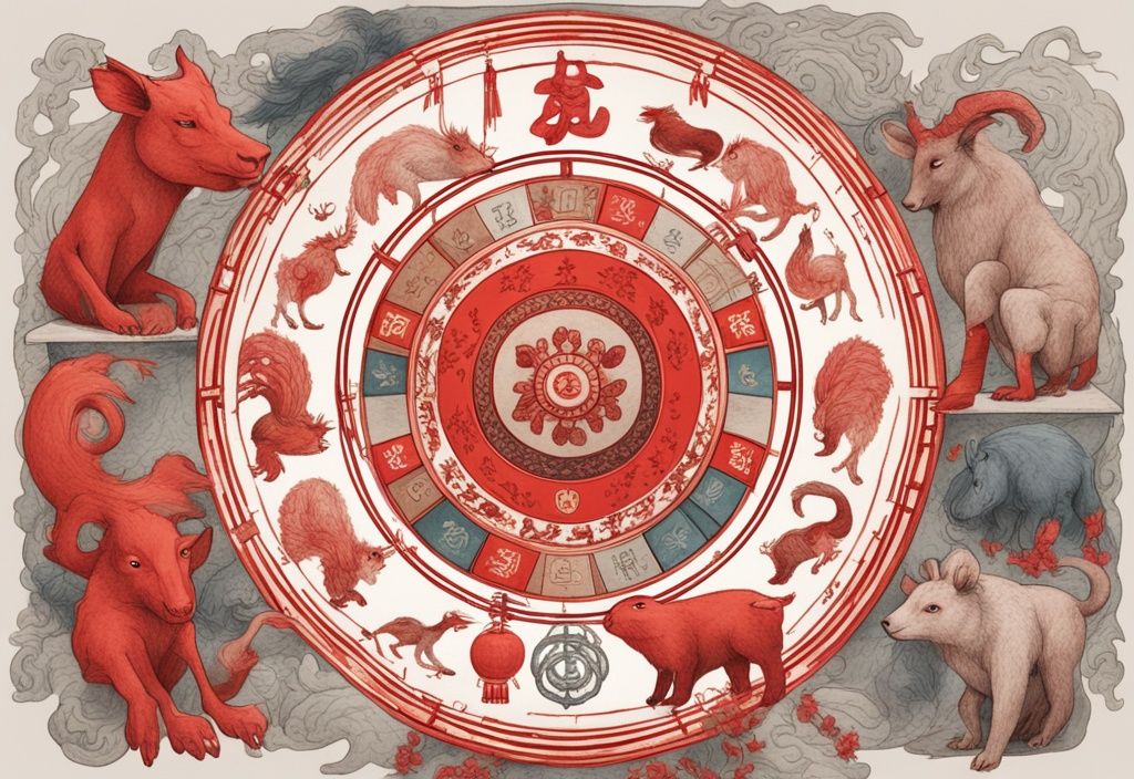 Moderne Skizzenillustration mit rotem Farbschema, zeigt ein detailliertes chinesisches Tierkreisrad und die zwölf zugehörigen Tiere mit einzigartigen, ausdrucksstarken Charakteren, chinesische Astrologie.