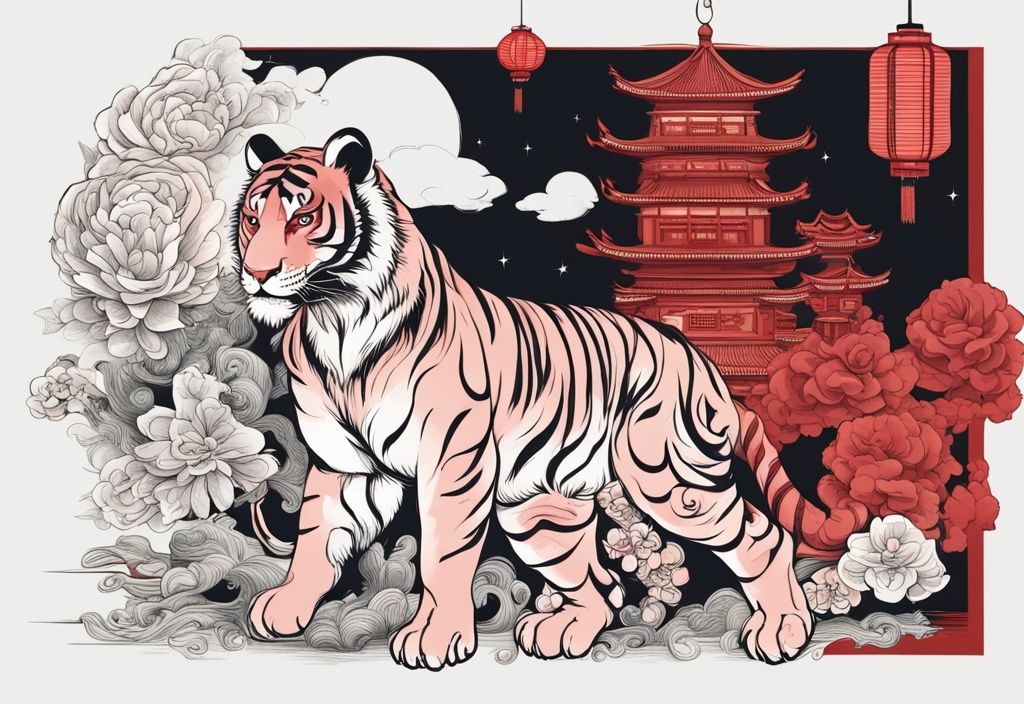 Moderne Skizzenillustration eines reich verzierten chinesischen Tigers in Rot, umgeben von Symbolen des chinesischen Tierkreises unter einem laternenbeleuchteten Nachthimmel.