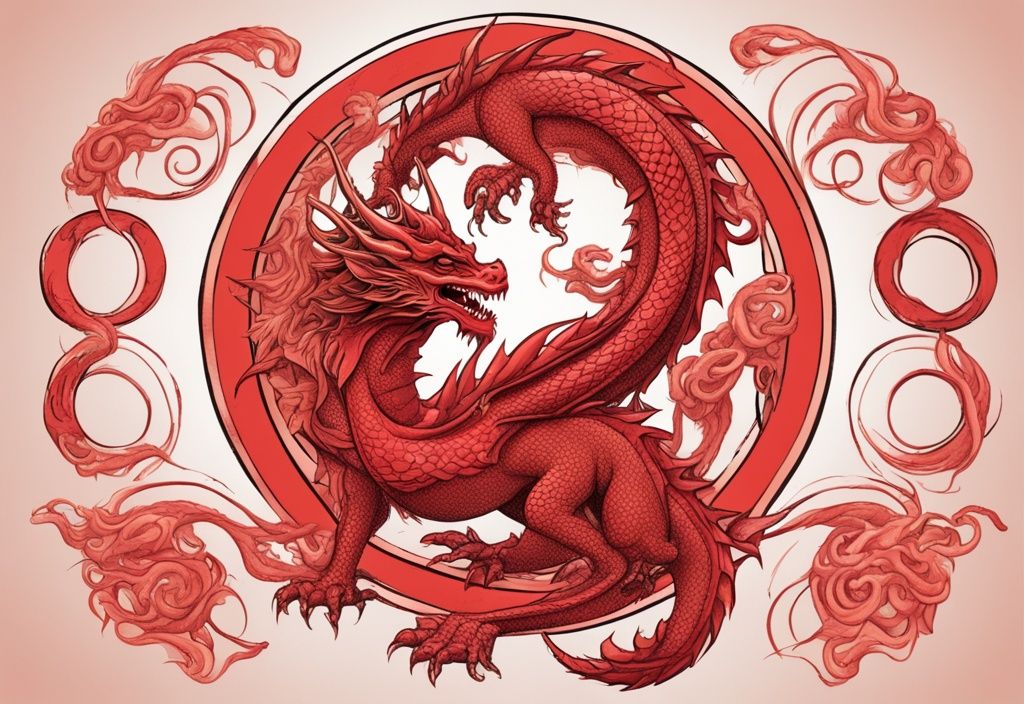 Moderne Skizzenillustration eines roten Drachen, der sich um den Tierkreis des chinesischen Sternzeichens windet. Chinesisches Sternzeichen Drache.