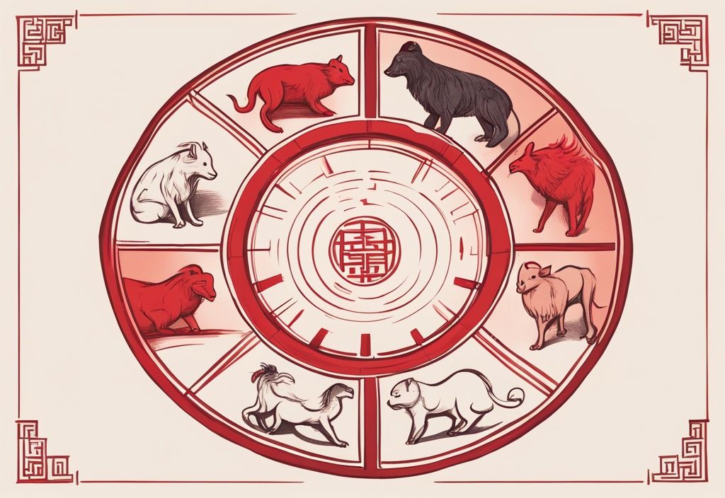 Moderne Skizzenillustration mit rotem Farbthema, die alle zwölf Tiere des chinesischen Sternzeichens in einem symbolischen Kreis zeigt.