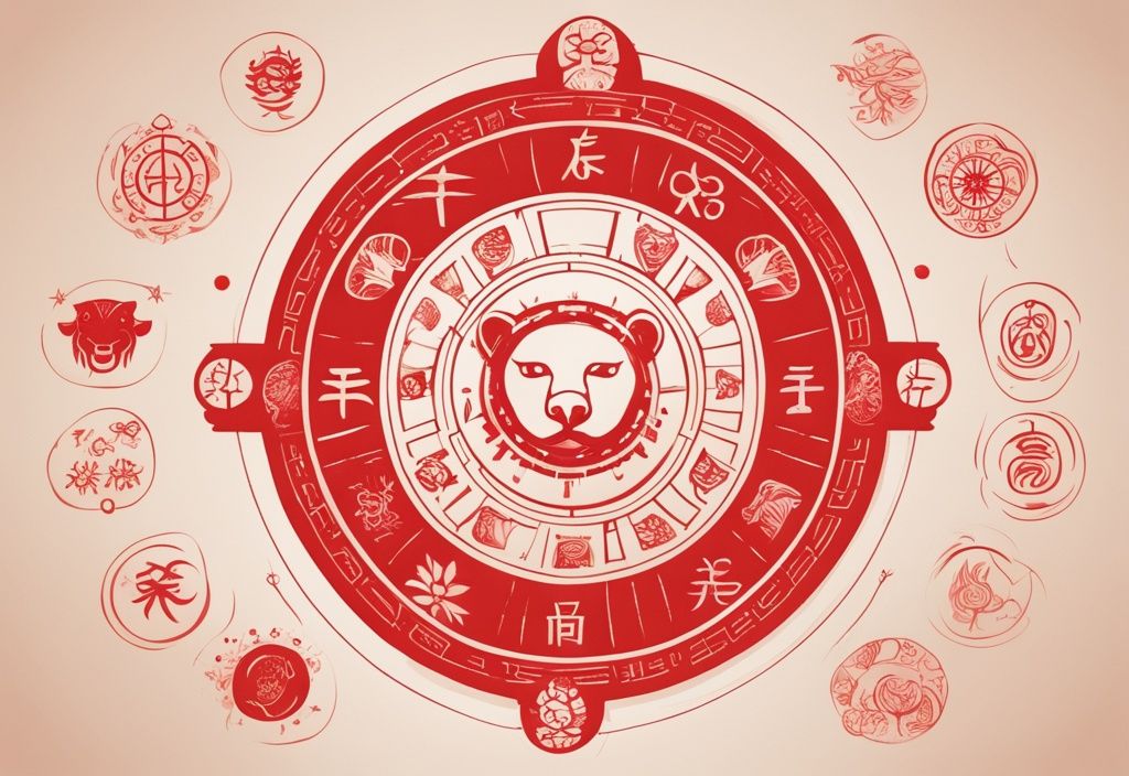 Moderne Skizzenillustration mit roten Farbtönen, 12 stilisierte Tiersymbole des chinesischen Tierkreises, kreisförmig um einen traditionellen chinesischen Kompass angeordnet.