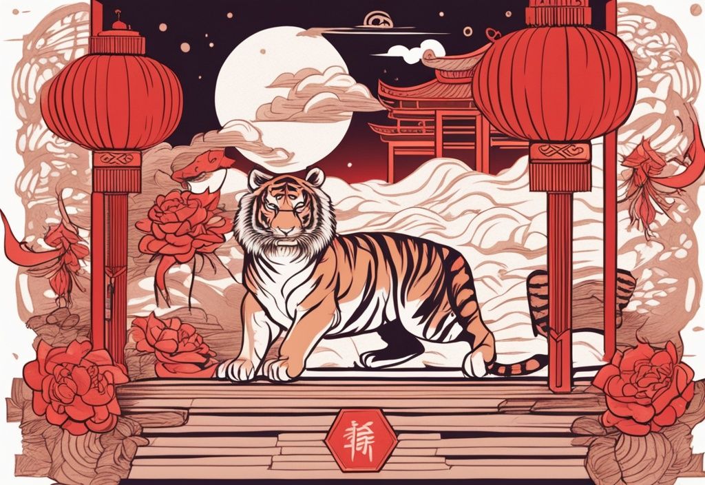 Moderne Skizzenillustration mit rotem Farbschema, kunstvoll gestalteter chinesischer Tiger, umgeben von Symbolen des chinesischen Tierkreises, unter einem von Laternen beleuchteten Nachthimmel.