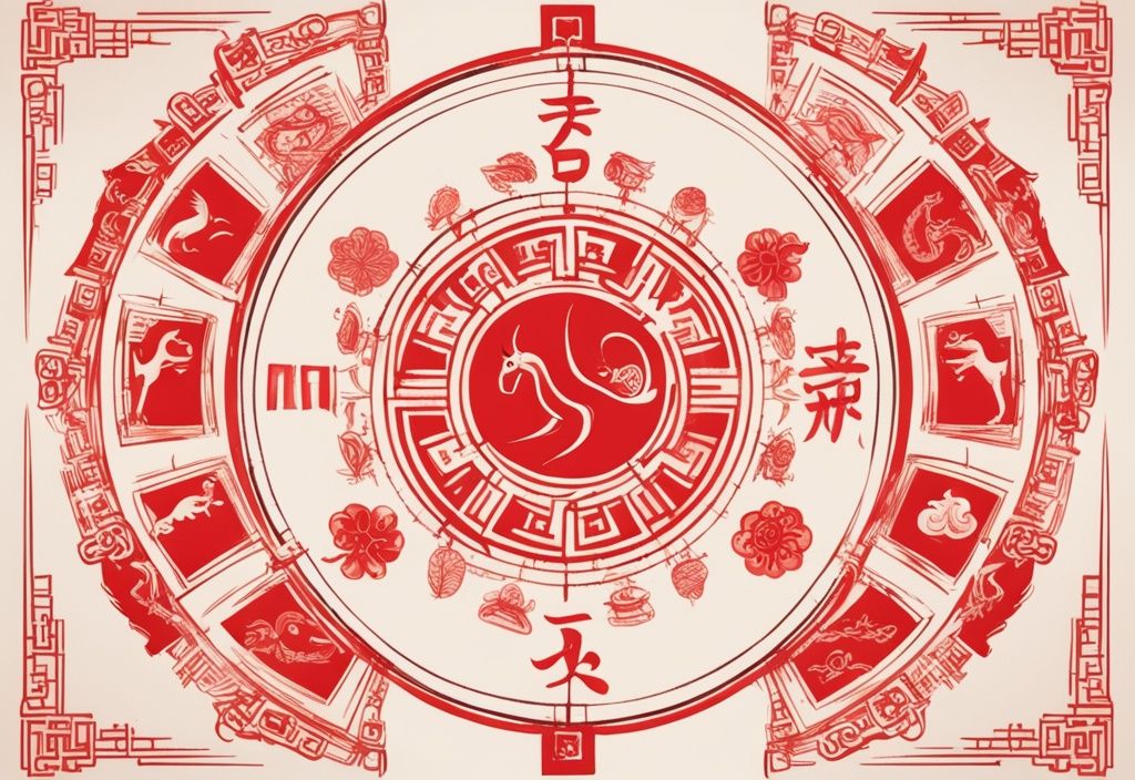 Moderne Skizze mit rotem Farbschema, 12 stilisierte Tierkreiszeichen des chinesischen Zodiaks, kreisförmig um einen traditionellen chinesischen Kompass angeordnet