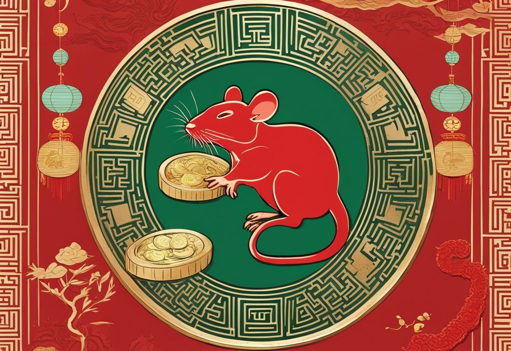 Moderne Skizze eines Ratten-Zeichens des chinesischen Tierkreises auf einem Jade-Kreis, umgeben von Goldmünzen, Bambus und chinesischen Schriftzeichen, Hauptfarbe Rot.